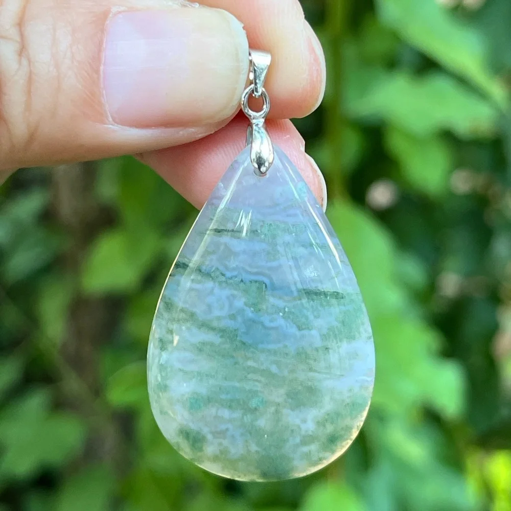 Sterling silver 925 stamped teardrop moss agate pendant‎